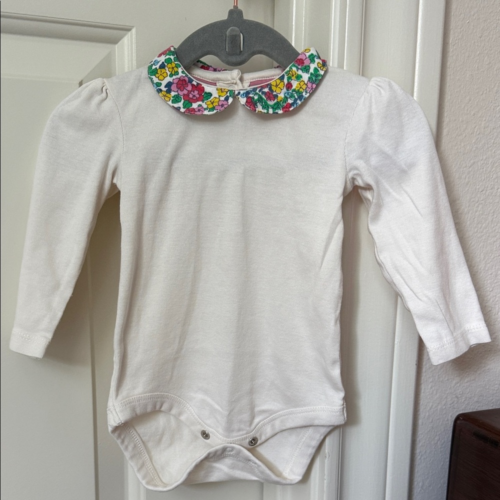 Baby Boden Cream Long Sleeve Baby Onesie with Floral Collar